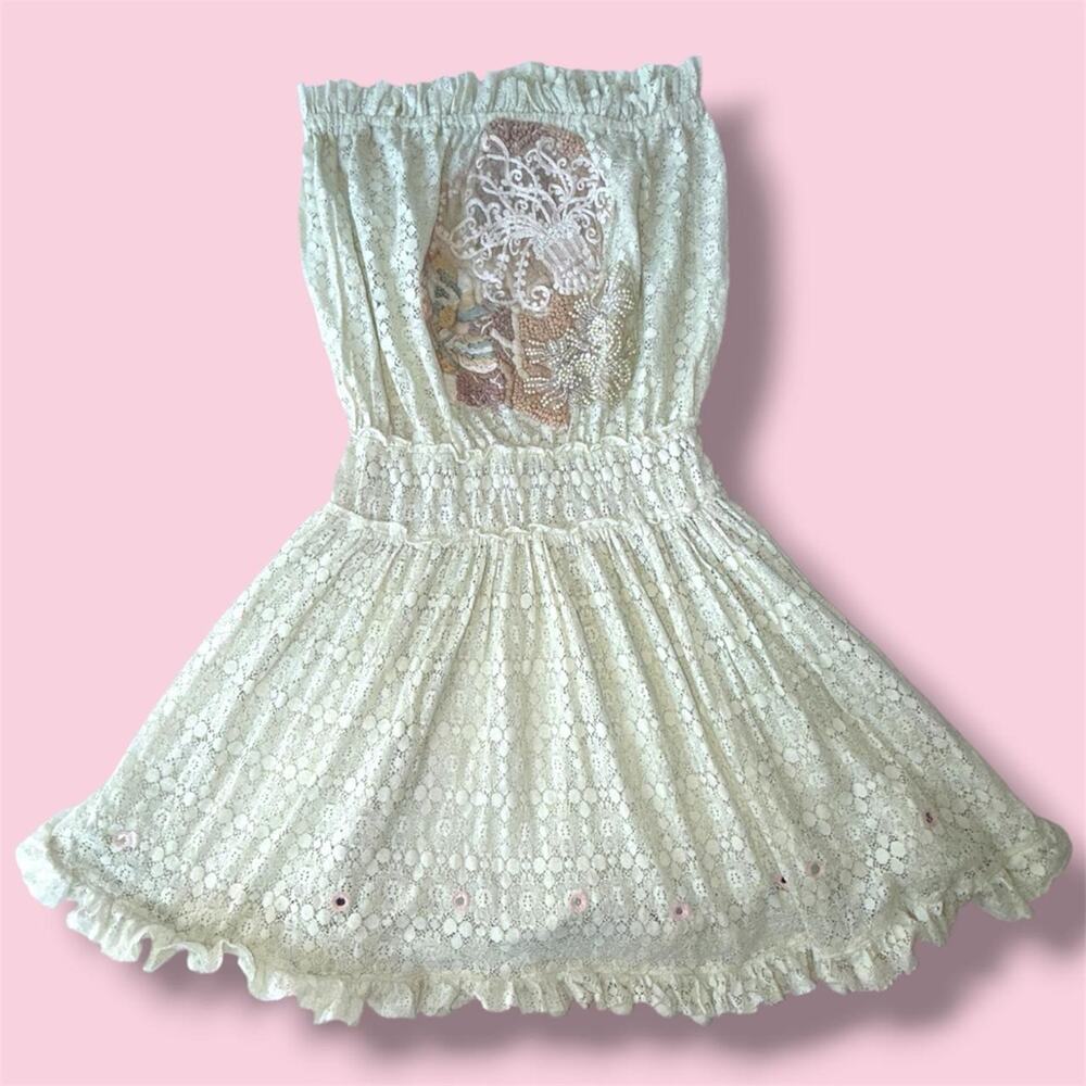 Antica sartoria Cream lace dress with floral embroidery, beads and ruffles